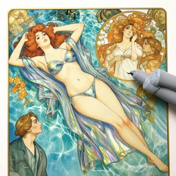 an art nouveau copic maker illustration of a woman lying on a pool wearing an holographic kimono bikini designed by balenciaga by john berkey by stanley artgerm lau, greg rutkowski, thomas kinkade, alphonse mucha, loish, norman rockwell