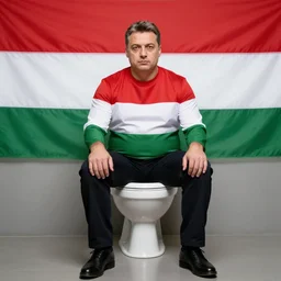 A photo of Viktor Orban sitting on toilet in the colors of hungarian flag, high quality, political art,