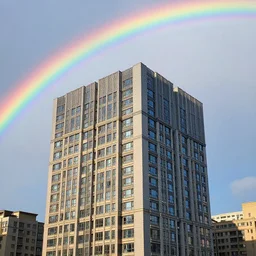 a building that has a rainbow above it.