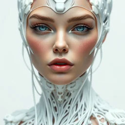 close - up detailed portrait of futuristic lady supermodel, by iris van herpen, inflateble shapes, rent gucci dress, wires, tubes, veins, white biomechanical details, epic bionic fabric, masterpiece, intricate, biopunk, vogue, highly detailed, artstation, concept art, cyberpunk, octane render, cell shading