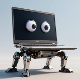 A laptop with goggly eyes on its display and 4 mechanic legs at its bottom, 8k resolution, sci-fi, medium shot, low angle, midday