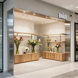 designed by braun, flower retail shop made of stainless steel and wood