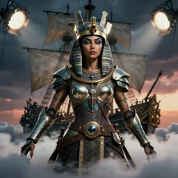 dynamic pose! symmetry! closeup portrait of a biblical diabolical pirate female pharaoh, stylish cyborg armor, on a pirate ship, in clouds, strong studio lights, thunder, storm, sunset, by gerald brom, by mikhail vrubel, by peter elson, high contrast, muted colors, extreme detail, mirrors, trending on artstation, 8 k