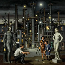 a giant weird industrial zone with strange lights in the background, in the style of beksinski, by edward hopper and rodcenko and yue minjun and cory loftis, intricate and epic composition, by caravaggio, highly detailed, masterpiece, artstation, art nouveau