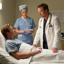 a movie scene featuring Chris Pratt as a doctor talking with a patient in bed who is Chris Pratt, a nurse who is Chris Pratt stands nearby with a chart, directed by Stephen Spielberg