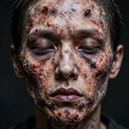 decaying face with maggots, rotting flesh, bugs
