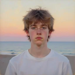 a teen guy with mullet, portrait, sunset, ocean in distance, oil painting, pale colors, high detail, 8 k, wide angle, trending on artstation,