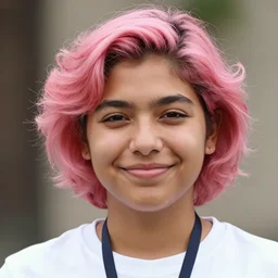 photograph of a mexican aztec, slightly oval face, short, pink, stylish hair, wide set downturned eyes, young adult woman smiling wearing a white t - shirt and a lanyard, thin lips, curly hair, nice olive skin, slightly medium width greek nose taken by steve mccurry