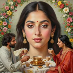 people having chai, happy, flowers, absurdly beautiful, elegant, highly realistic ultrafine hyperrealistic painting by salman toor, perfect face geometry, sharp focus, bright colors, matte, unreal engine highly rendered, global illumination, radiant light, intricate environment