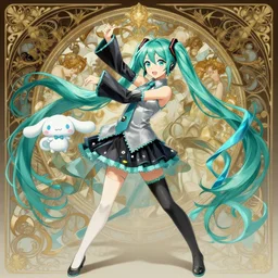 hatsune miku and cinnamoroll, dance, intricate, elegant, highly detailed, digital painting, artstation, concept art, smooth, sharp focus, illustration, art by artgerm and greg rutkowski and alphonse mucha and william - adolphe bouguereau