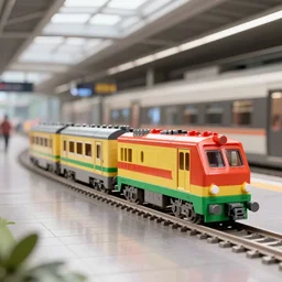 a full scale duplo train in a modern train station, octane render, 4k,