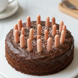 chocolate cake with an array of tiny human fingers sprinkled on it