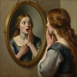 painting by edward runci of a beautiful surprised  medieval woman looking in the mirror at her reflection