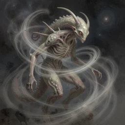 a shapeless extraterrestrial alpha draconians made of space and time, weaving dust of predetermination and a state of utter confusion across the universe, muted colors, fantasy illustration, digital art