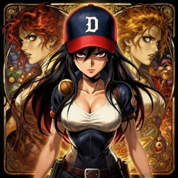 symmetry ( badass clementine from the walking dead wearing her iconic baseball ( letter d ) hat ) ultra detailed, intricate, anime, dynamic lighting, digital art, digital painting, art station, wlop, sharp focus, illustration, art by artgerm and greg rutkowski and alphonse mucha