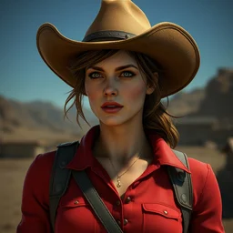 a screenshot of alexandra daddario as a fallout cowboy, post - apocalypse in fallout new vegas, 3 d rendering, unreal engine, amazing likeness, very detailed