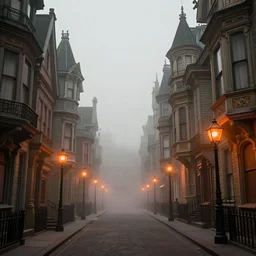 a victorian - era street with tall and intricate buildings, beautiful digital art, volumetric lighting, thick smog, orange street lamps, highly detailed, professional