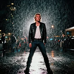 night flash photography of kurt cobain in seattle on a rainy night photographed by annie leibovitz, raining! nighttime!