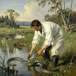 snake oil researcher digging through the swamps of Formosa, painting by Henri Rousseau