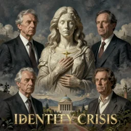 identity crisis theme surrealist art in the styles of igor morski, jim warren, and rob gonsalves, intricate, hyperrealistic, volumetric lighting