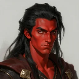 male sorcerer, art by artgerm and greg rutkowski and magali villeneuve, red skin, black hair, d & d, fantasy, portrait, highly detailed, headshot, digital painting, trending on artstation, concept art, sharp focus, illustration