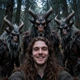 selfie sorrounded by krampus in a dolomite forest, dark, eerie