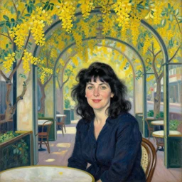 a happy middle aged italian woman with black hair and green eyes sits outside an art deco cafe under an archway tunnel of laburnum trees in bloom painted by emile friant