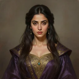 head-on symmetrical centered painted portrait, Mahira Khan as a D&D wizard, silk medieval robes, fantasy, intricate, elegant, highly detailed, digital painting, smooth, sharp focus, illustration, artstation, in the style of Artgerm and Anna Podedworna and Alex Ross