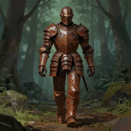 portrait of a walking armor, empty, rusty, brown, heavy, forest background, challenging, threatening, digital illustration, by sakimichan, rossdraws, artgerm