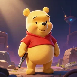 Winnie the Pooh as cyberpunk gangster style with pistol, digital art, sharp, bright colors