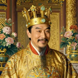 portrait of a smiling emperor, he wears a crown of gold and jade, he resides in a glittering palace, flowers, painting by greg rutkowski and gustave dore