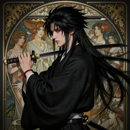 side profile, handsome japanese demon boy, young adult mazoku man with long wild spiky black hair, vantablack cloak, red eyes, holding katana, ultra realistic, concept art, intricate details, eerie, highly detailed, photorealistic, octane render, 8 k, art by artgerm, greg rutkowski, charlie bowater, magali villeneuve, alphonse mucha
