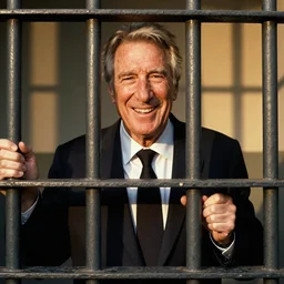 smiling Jeffrey Epstein, in jail behind bars, golden hour, artstation, by J. C. Leyendecker and Peter Paul Rubens,