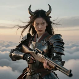 symmetry!! closeup of a beautiful biblical diabolical samurai girl holding a rifle, cyborg armor, in clouds, cinematic studio light, windy, sunrise, by gerald brom, by mikhail vrubel, by peter elson, muted colors, extreme detail, trending on artstation, 8 k