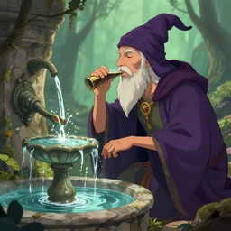 wizard drinking from the faountain of knowledge, digital art