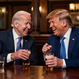 joe biden and donald trump getting drunk together at a pub, laughing and joking, at night