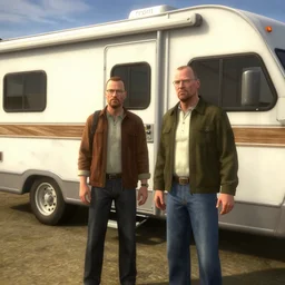 walter white and jesse pinkman in fallout new vegas, gameplay screenshot, gamebryo engine, winnebago rv, epic, hd