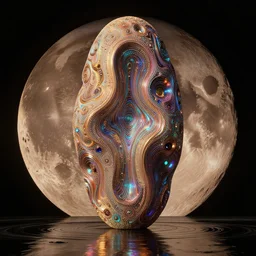 giant iridescent cyber abstract monolith on the moon, warm tones, water reflection : : by jeff koons, dan mcpharlin daniel merrian : : ornate, dynamic, particulate, rich colors, intricate, elegant, highly detailed, centered, artstation, smooth, sharp focus, octane render, 3 d