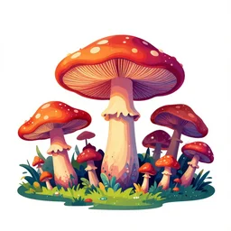 psychedelic mushrooms wide angle shot, enchanted forest, white background, vector art, rainbow colors, illustration by frank frazetta