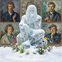 a sculpture made of snow and ice and flower and plants, painting part by wojciech siudmak, part by ilya repin, part by max ernst, part by norman rockwell, artstation