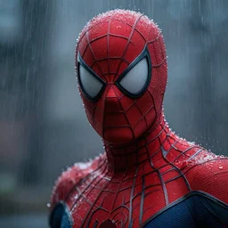 Peter Parker , wet face , heavy rain ,dramatic, intricate, highly detailed, concept art, smooth, sharp focus, illustration, Unreal Engine 5, 8K