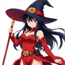 Megumin, witch hat, red clothes, holding staff, vibrant colors, trending on pixiv, digital art, anime, trending on artstation