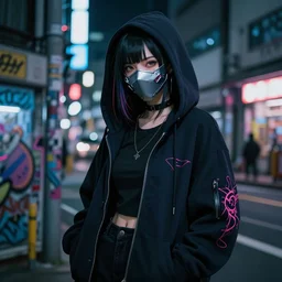 cyberpunk anime girl in hoodie, face mask, 3 / 4 shot, street night, grafity, realistic face, beautiful face, grafity, arcane, action, tokyo street, detail, good face, pose model, concept art, in style of yoji shinkawa, pan ren wei, col price, atey ghailan, by greg rutkowski, aesthetic