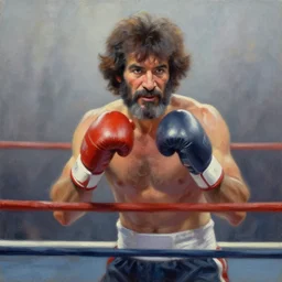 Bob Ross in a boxing ring, Tonalism, Atmospheric oil painting, detailed, 4k, Foggy