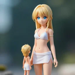tiny father a tall daughter picture : a very beautiful young blond macro anime girl with a tiny father, sky blue eyes, bikini, white miniskirt, highly detailed, cinematic wallpaper by stanley artgerm lau