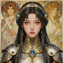 realistic detailed face portrait of a beautiful futuristic priestess in opulent alien ritual armor by alphonse mucha, ayami kojima, amano, greg hildebrandt, and mark brooks, female, feminine, art nouveau, cyberpunk, neo - gothic, gothic, character concept design