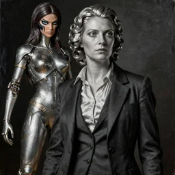 bussines woman. by rembrant, battle angel alita, ralph mcquarrie, aluminum, 1 6 6 7