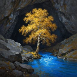A beautiful, highly detailed, very realistic oil painting of a single golden tree, next to a small river, glowing bright blue in the middle of a huge, very dark cave, with lots of dark grey rocks, oil painting by Afremov and Greg Rutkowski.