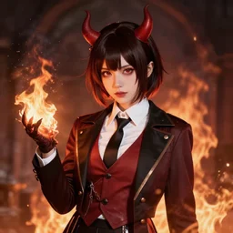 Fire hor girl demon with short hair, in gentleman costume
