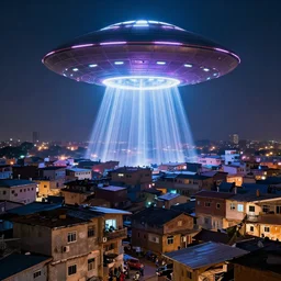 AJEGUNLE SLUMS of Lagos surrounding large UFO within NEON rays of light,